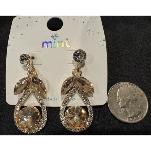Mint Faux Amber Gold Crystal Rhinestone Earrings Party Wedding Cruise NEW - Picture 2 of 5